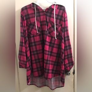 Pink Plaid Button-Up Hooded Shirt With Pockets